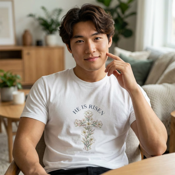 He Is Risen Floral Cross T-Shirt — Easter Christian Faith Tee